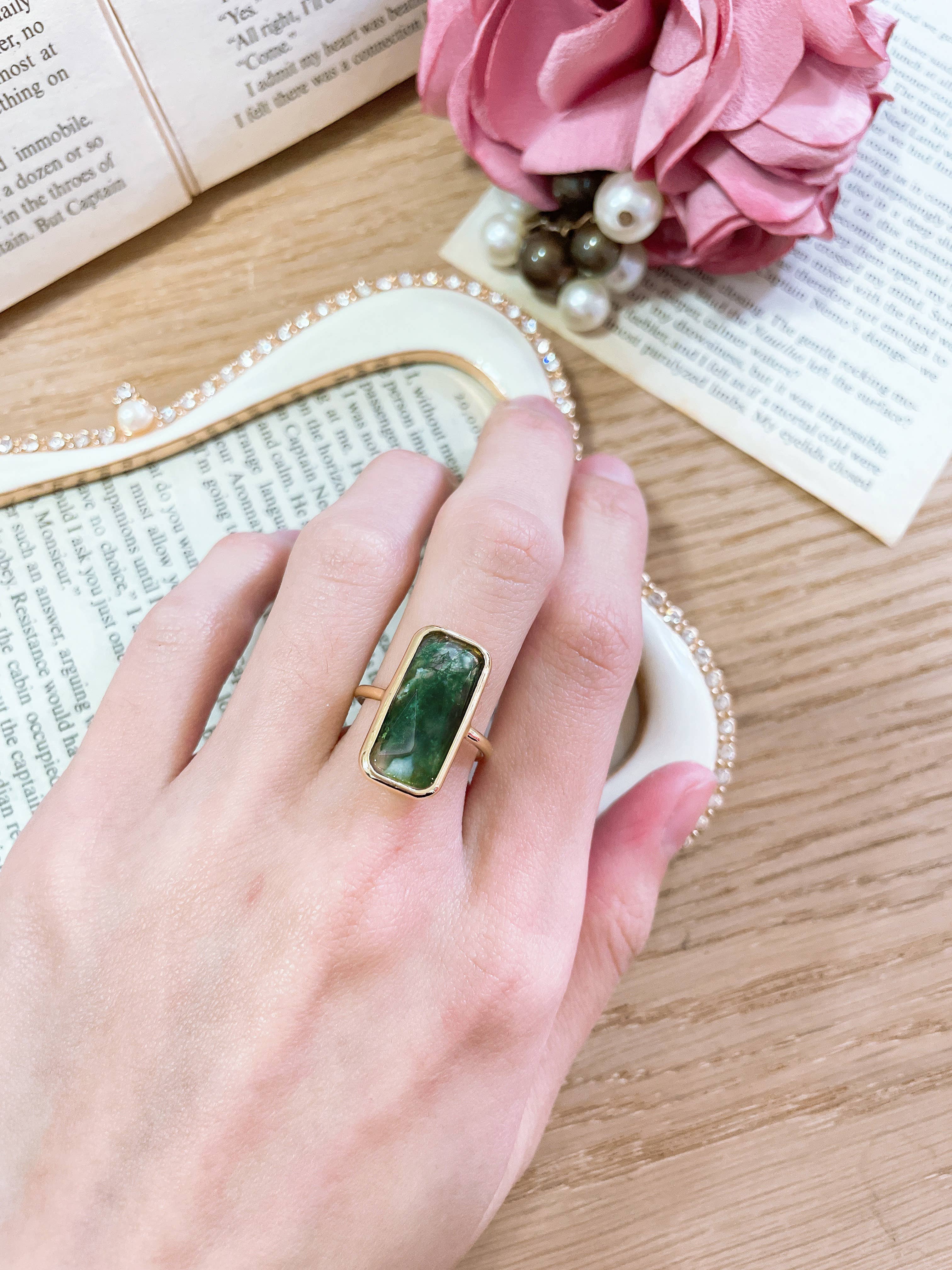 Moss Agate Rectangle Ring