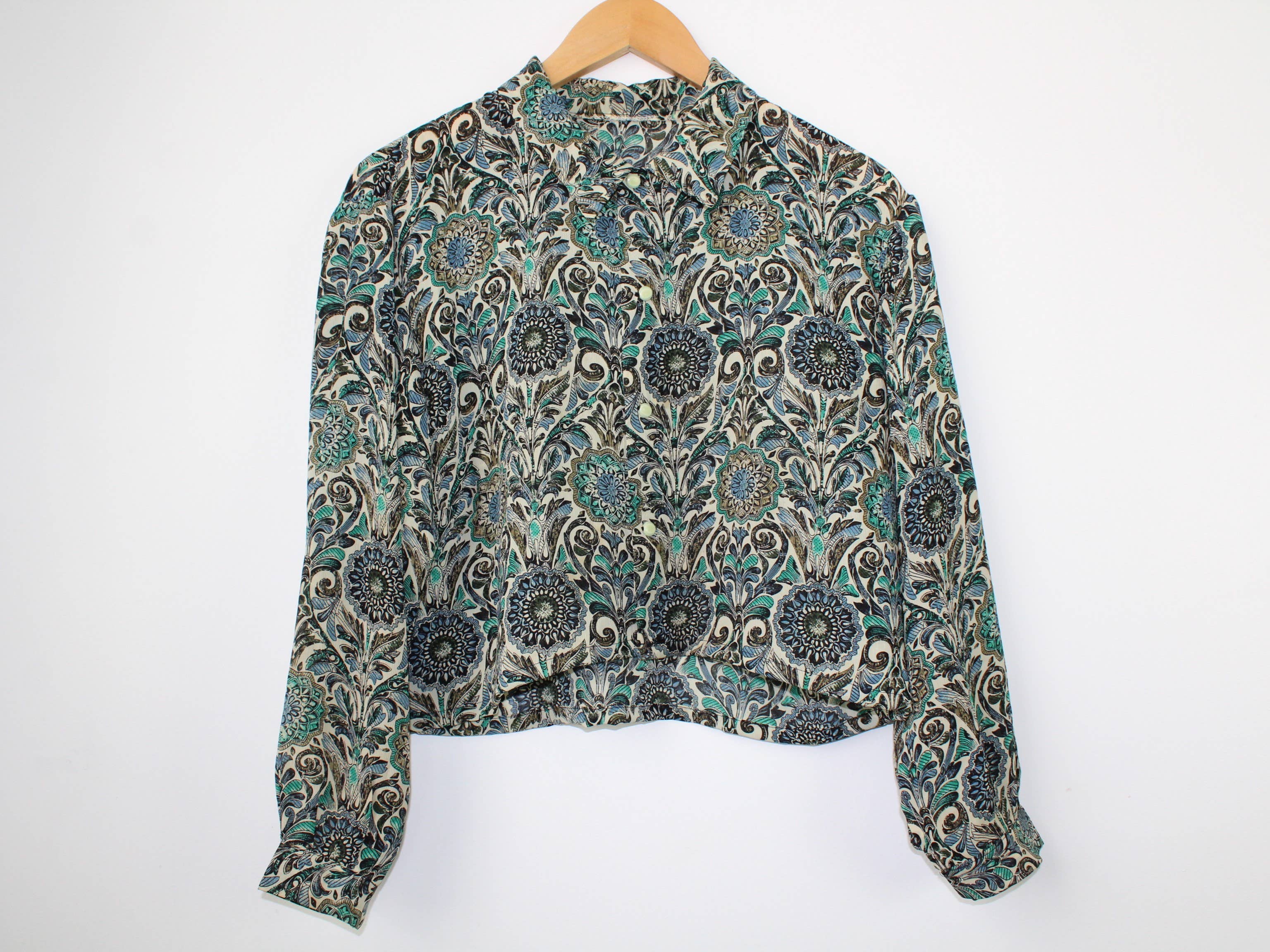 Upcycled Top - Long-Sleeve Cropped Blouse: S/M - Out of the Blue