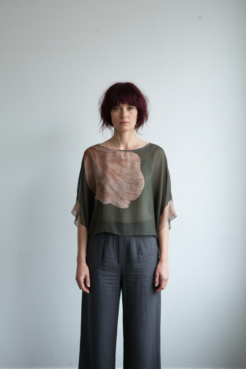 Green blouse with floral sleeves on a hanger against a white background