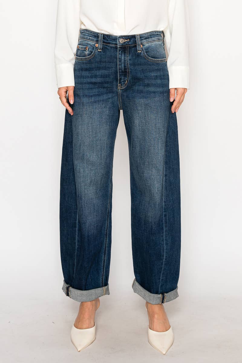 HIGH RISE RELAXED TAPERED DARK WASH BARREL JEANS - Out of the Blue