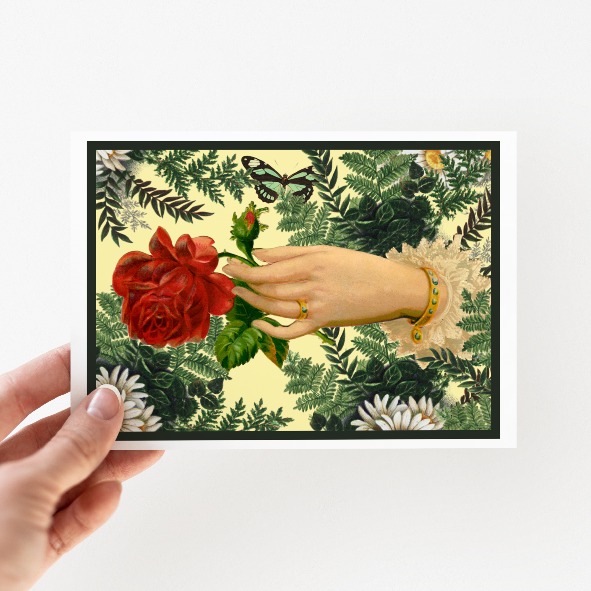 Greeting Card. Vintage Hand Holding Red Rose in Ferns. - Out of the Blue