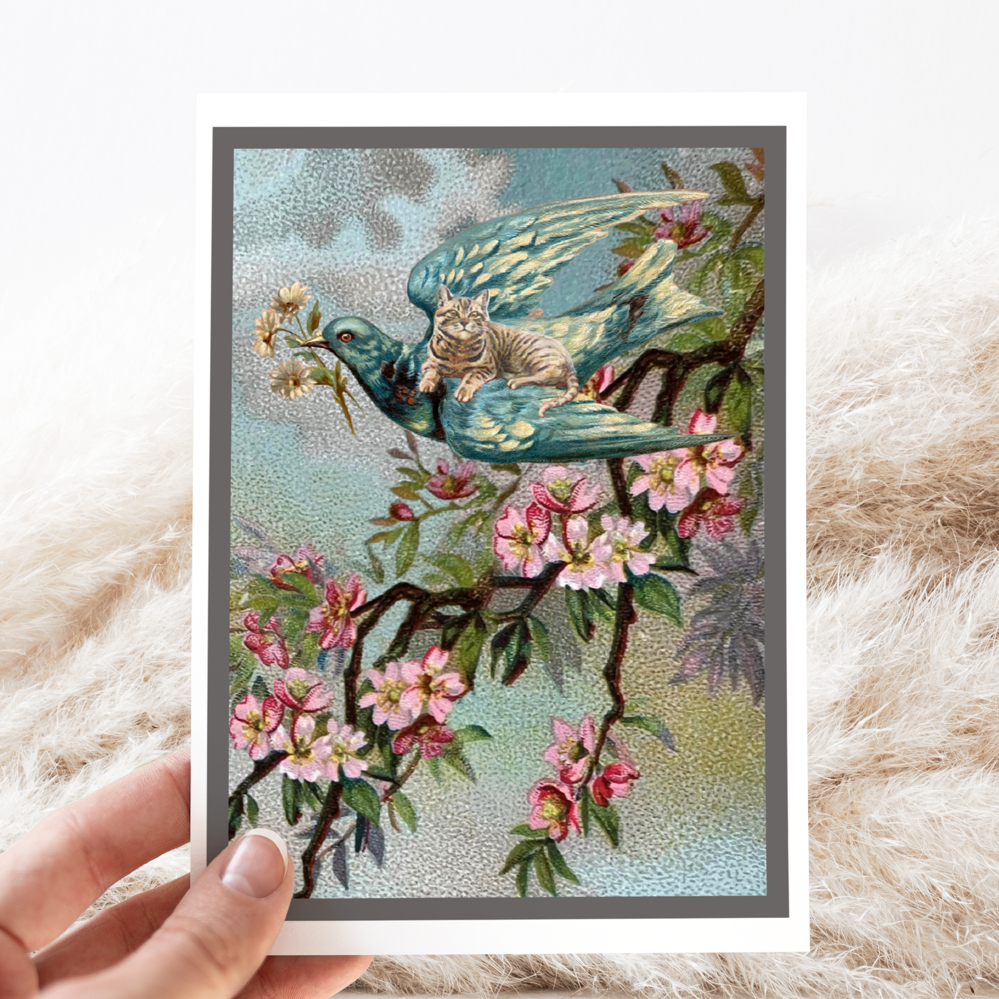 Greeting Card. Vintage Cat Riding Flying Bird. - Out of the Blue