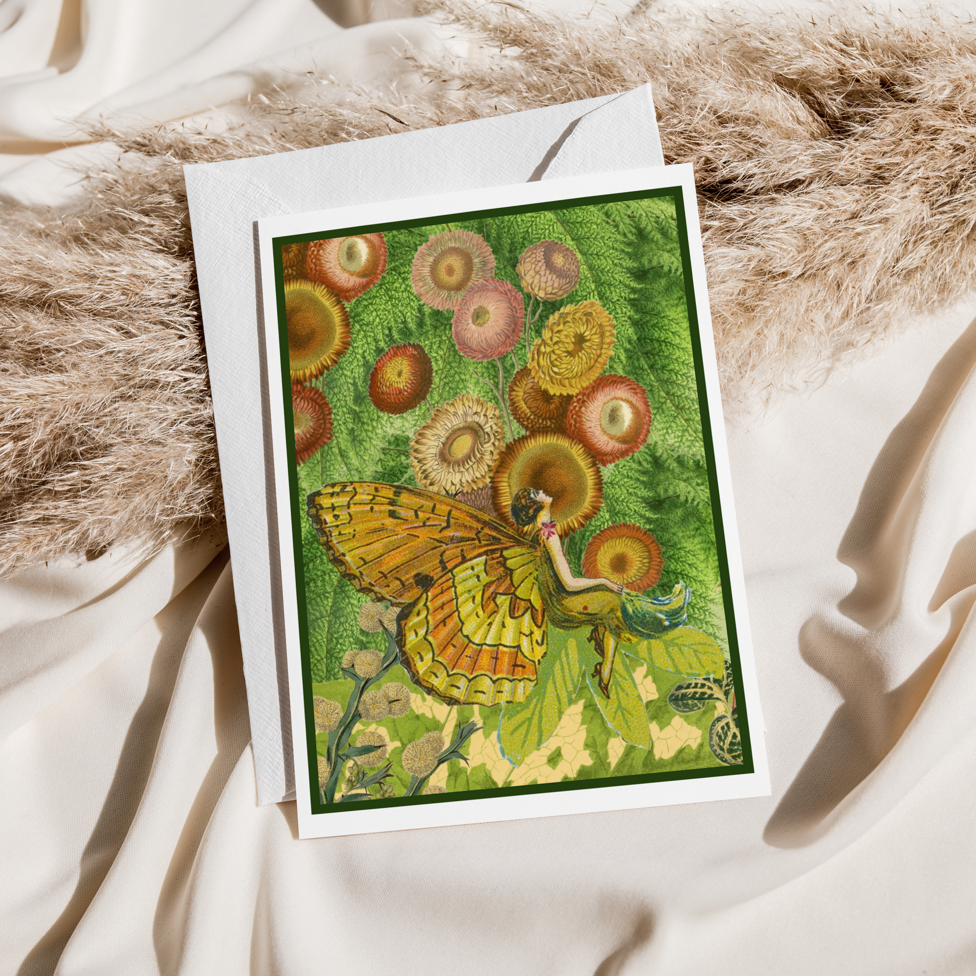 Greeting Card. Vintage Butterfly Fairy Girl. Green Orange. - Out of the Blue