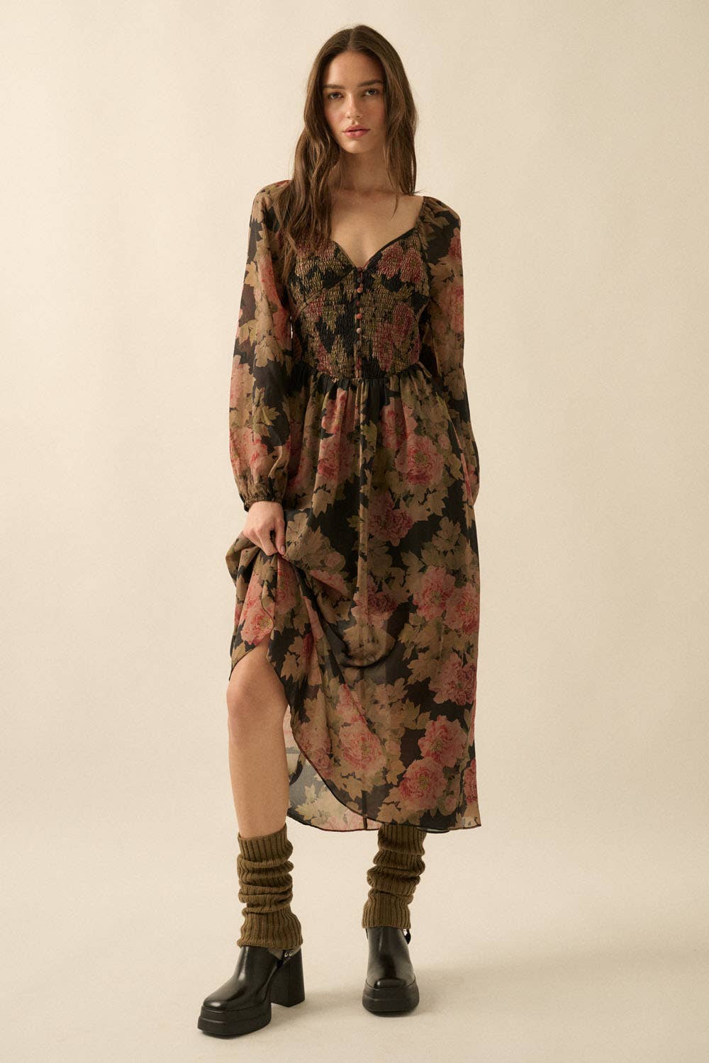 Smocked Midi Peasant Dress