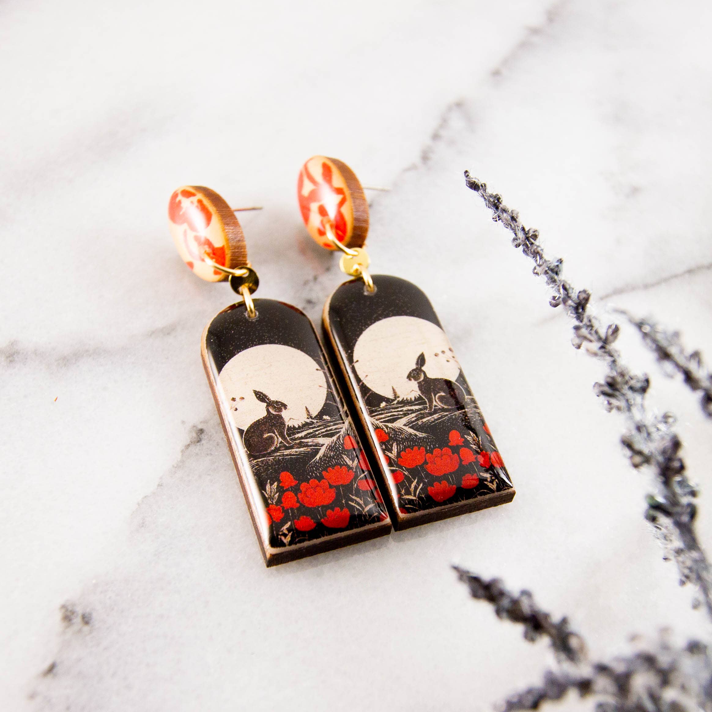 Vintage Red + Black Rabbit Drop Post Earrings - Out of the Blue