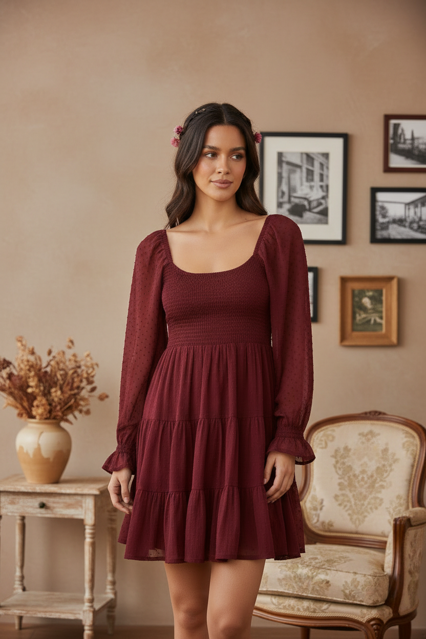 Woman wearing a burgundy dress in a room with a beige wall and decorative items.