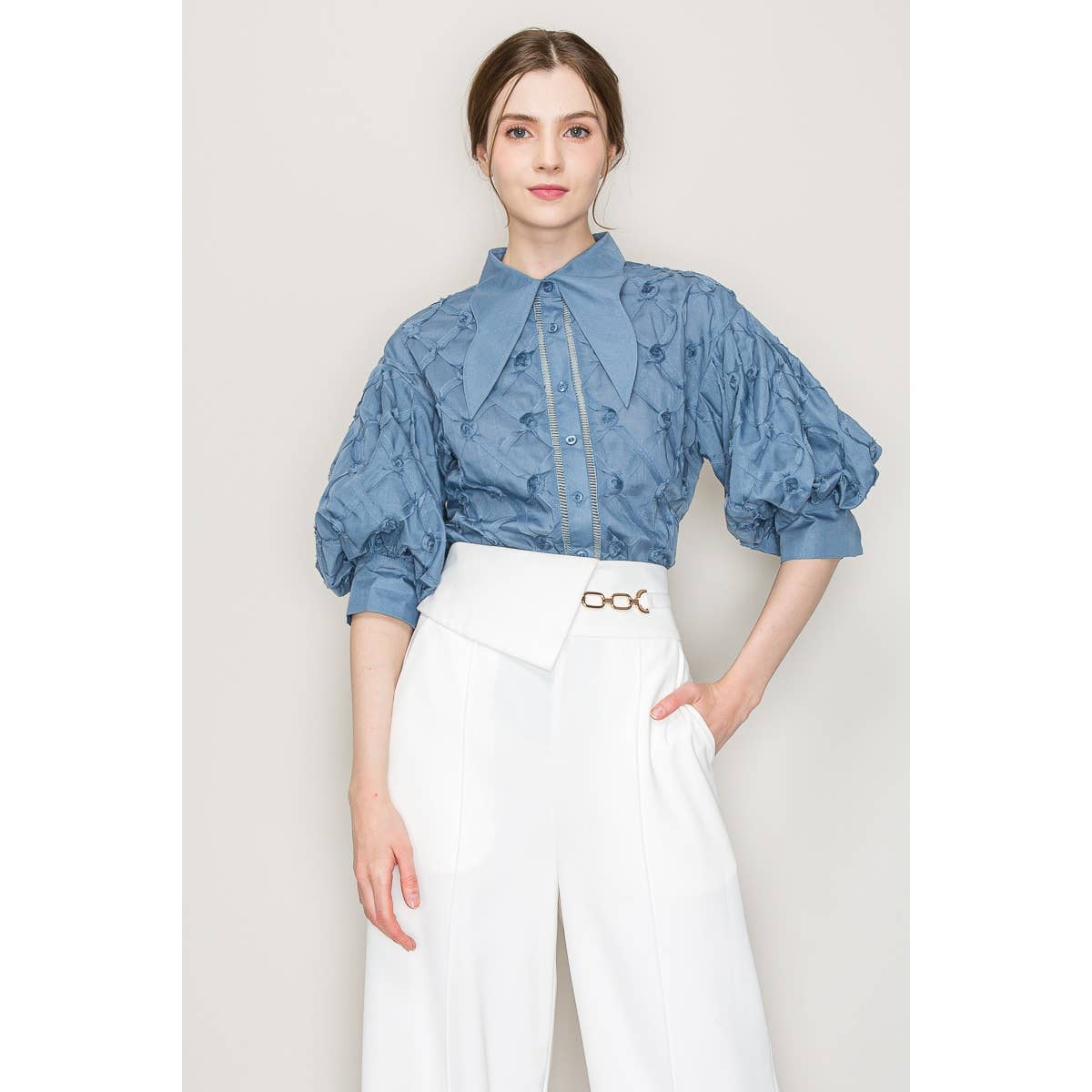 Puff Sleeve Pointed Collar Shirt