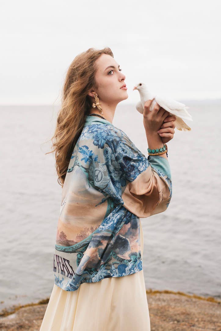Peace Out Cropped Kimono Pixie Duster with Doves and Sunrise - Out of the Blue
