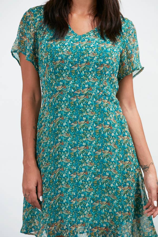 Vintage Bird Floral Print A-Line Dress Green - Out of the Blue