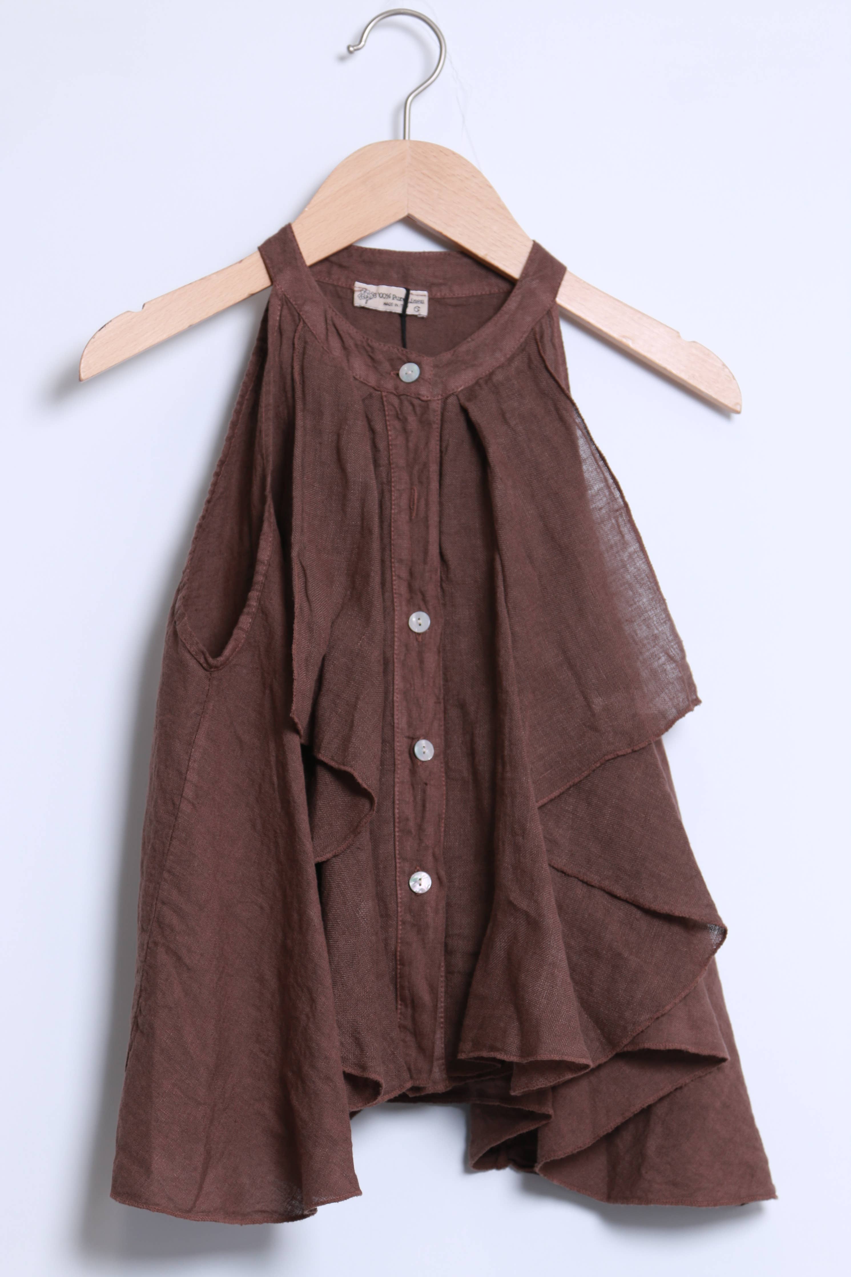 Asymmetrical sleeveless top with ruffle and buttons 15819 - Out of the Blue