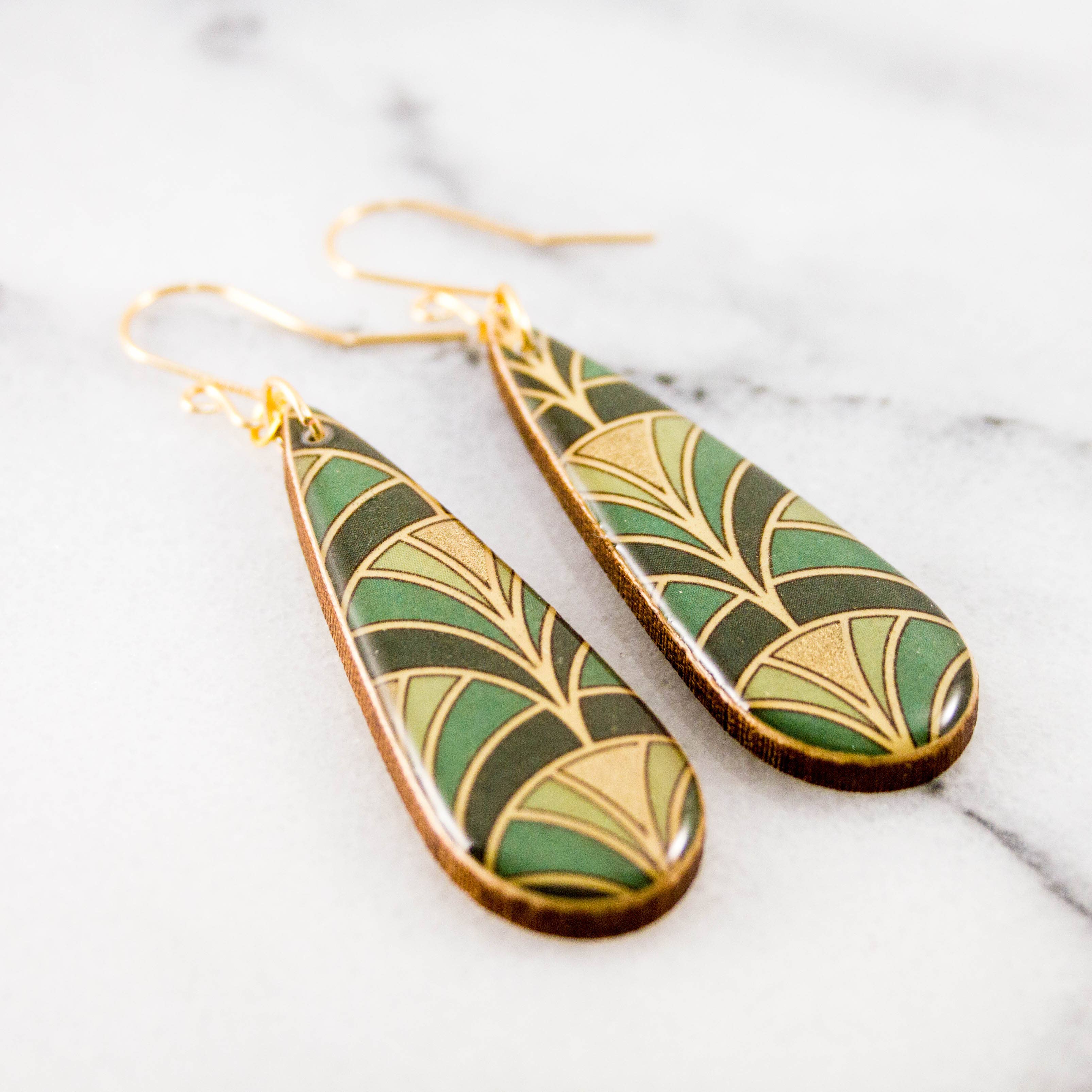 Green + Gold Deco Fan Teardrop Earrings - Out of the Blue