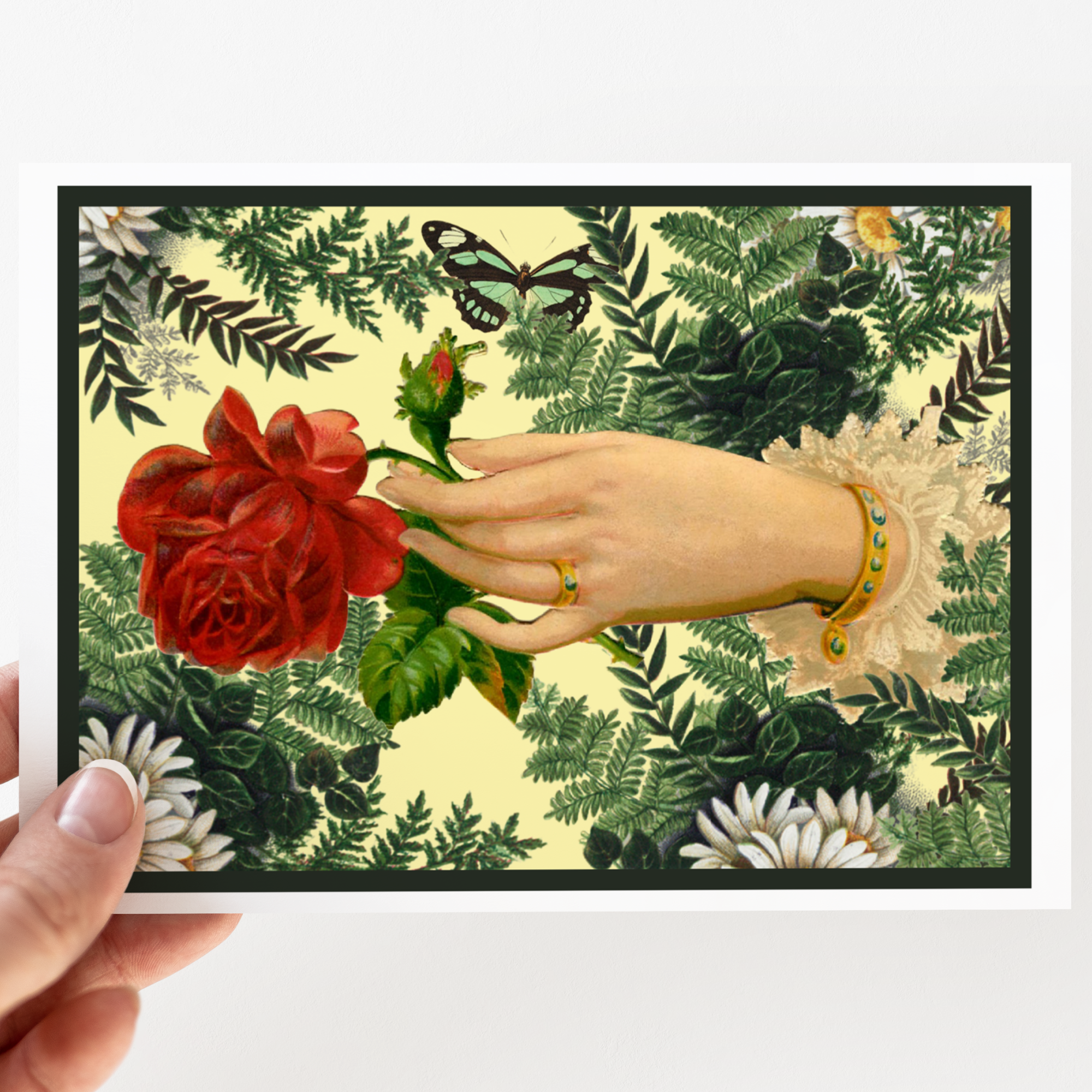 Greeting Card. Vintage Hand Holding Red Rose in Ferns. - Out of the Blue