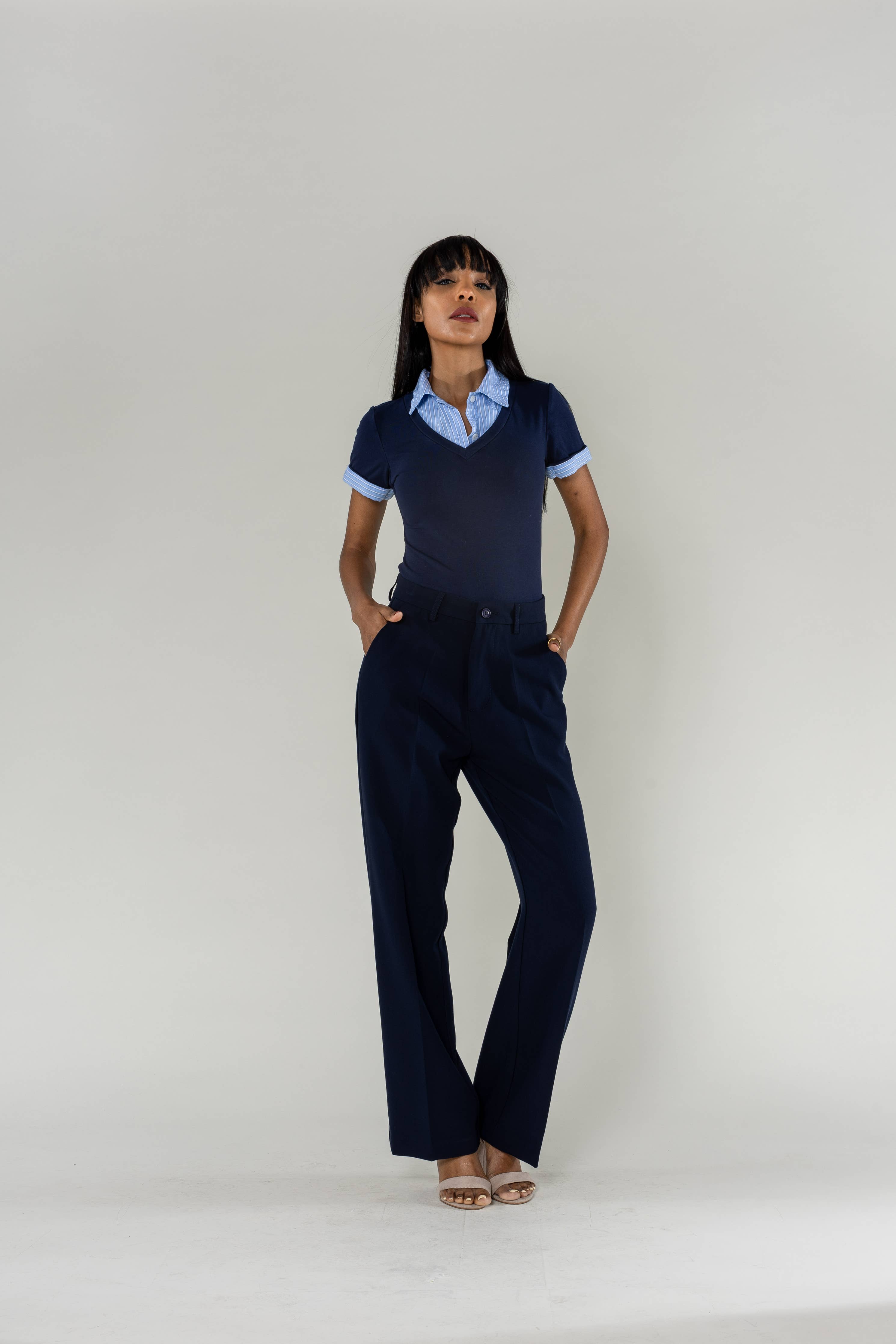 Women's high-waisted straight tailored suit pants D001 - Out of the Blue