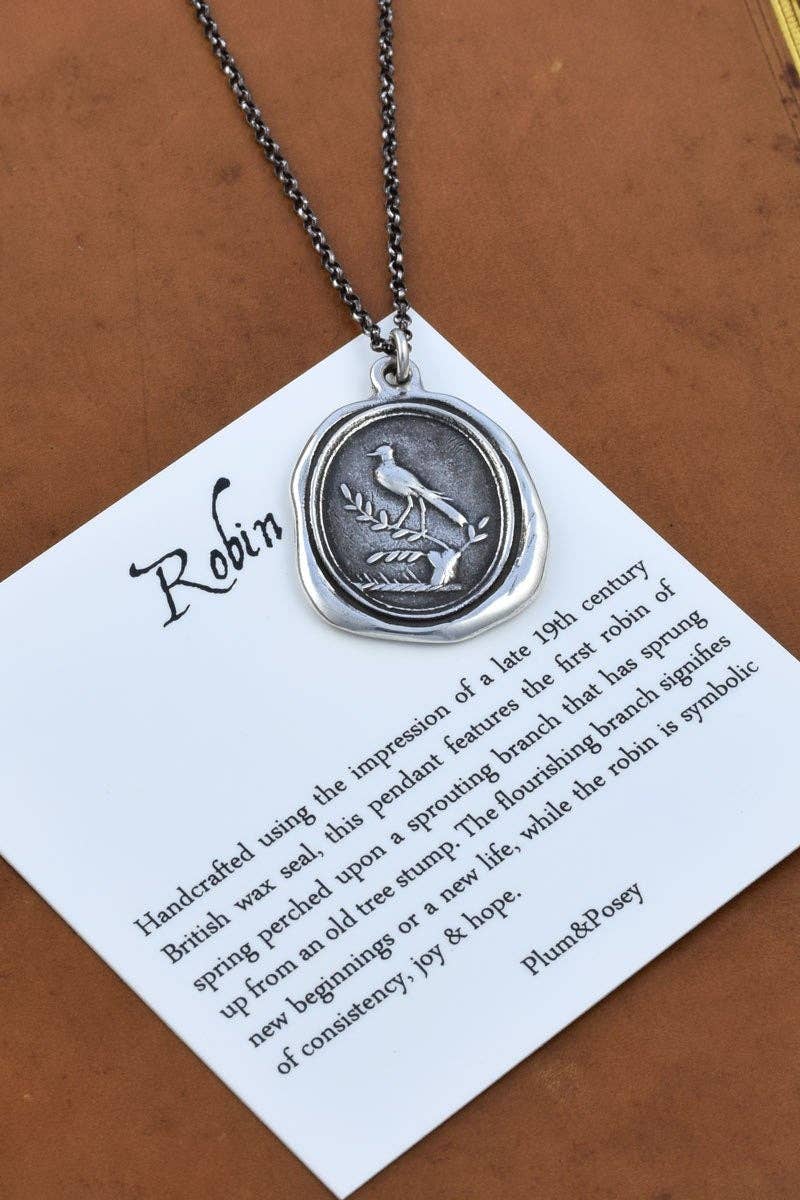 Robin on Branch Wax Seal Pendant Necklace