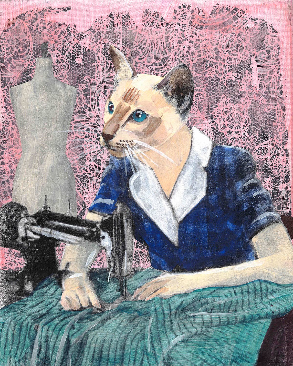 Sewing Cat  Art Print - Out of the Blue