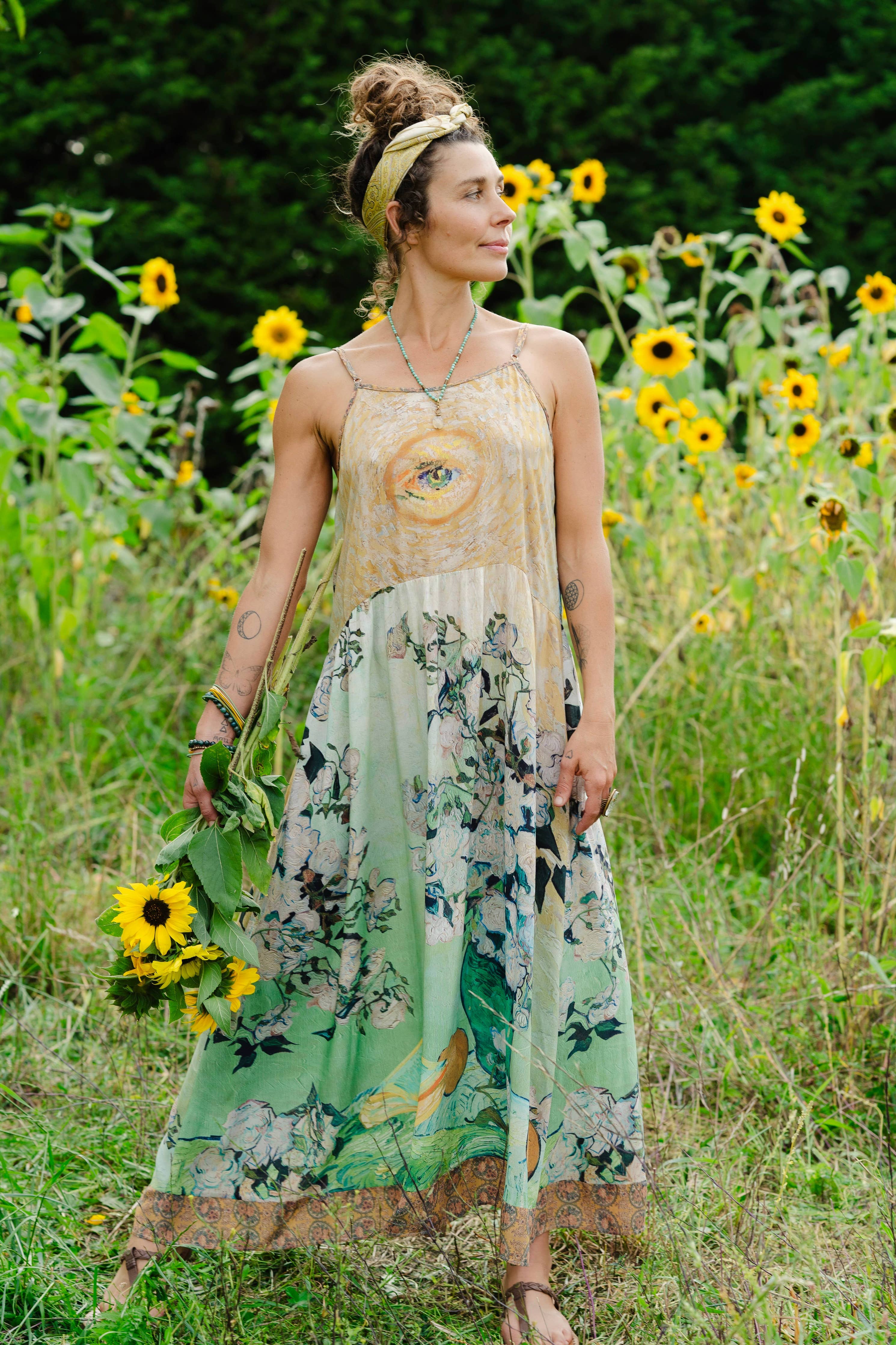 I Paint My Dream Van Gogh Bohéme Long Maxi Slip Dress - Out of the Blue
