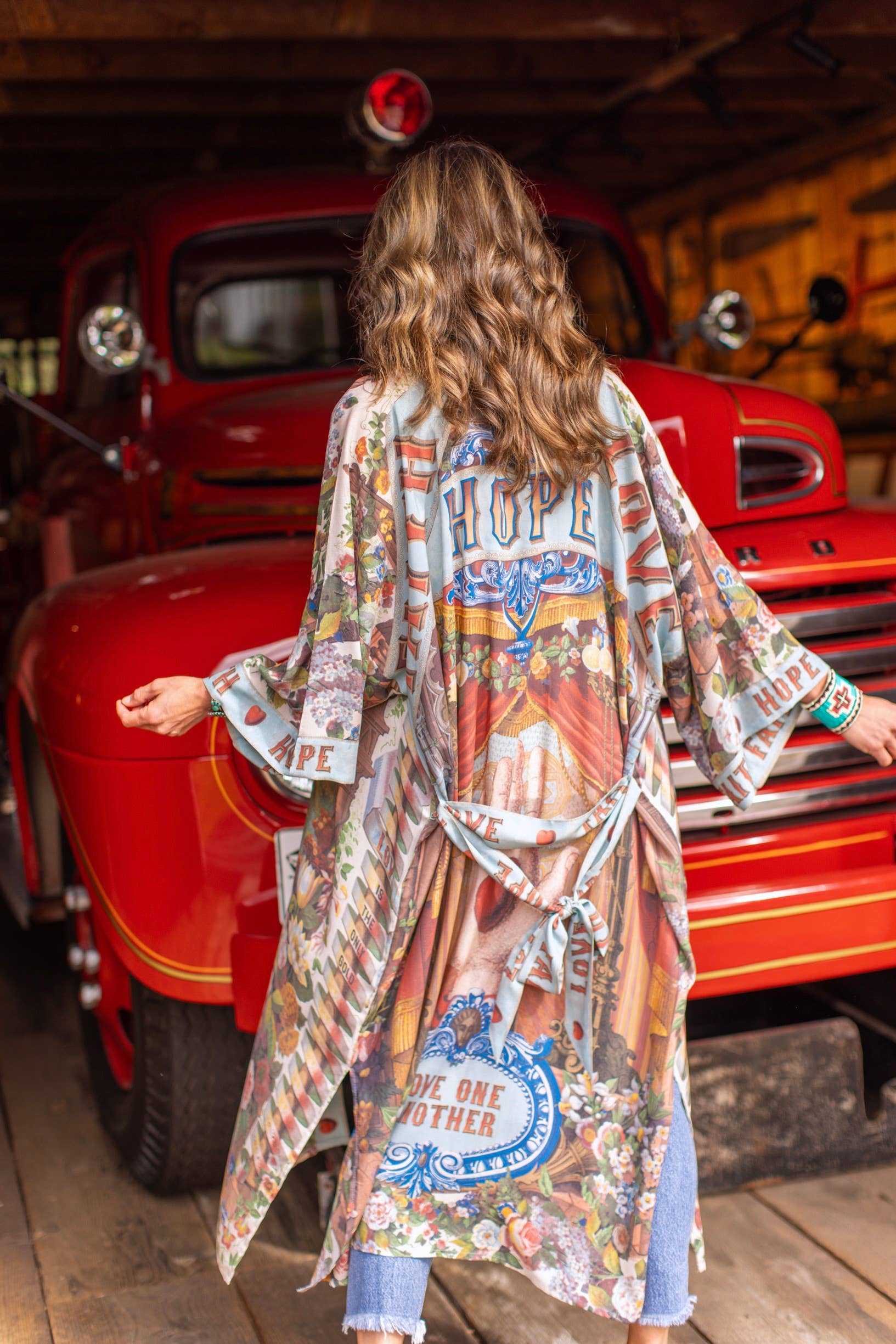 Love Language Printed Long Duster Bamboo Kimono Robe - Out of the Blue