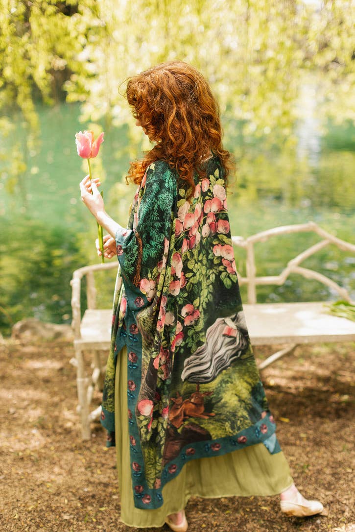 The Daydreamer Goddess Duster Kimono w/ Florals & Rabbits - Out of the Blue