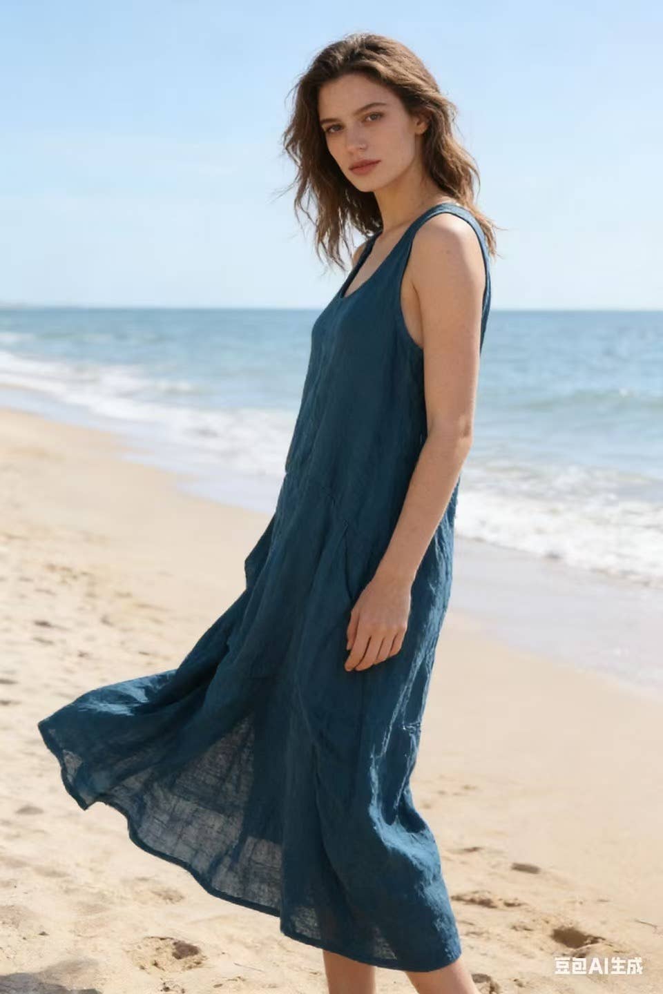 Sleeveless long dress 100% linen REF. 8466: WASABI - Out of the Blue