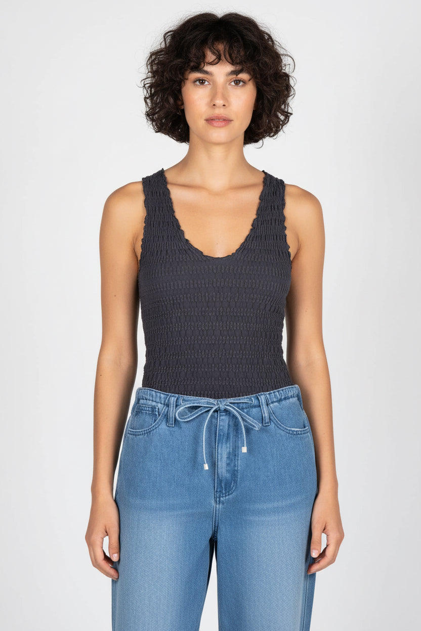 Seamless Smocked V Neck