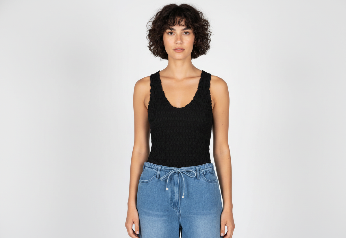 Seamless Smocked V Neck