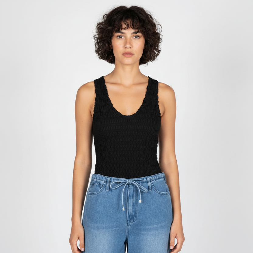 Seamless Smocked V Neck
