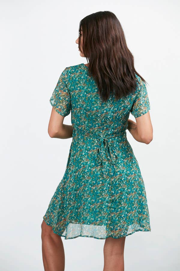 Vintage Bird Floral Print A-Line Dress Green - Out of the Blue