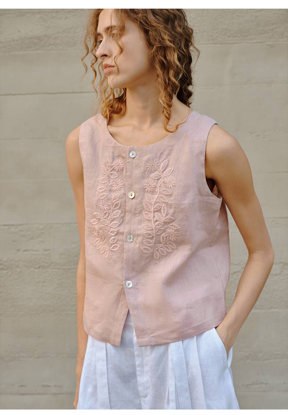 100% Linen Vest – Embroidered Sleeveless Top-5202001WSAK - Out of the Blue