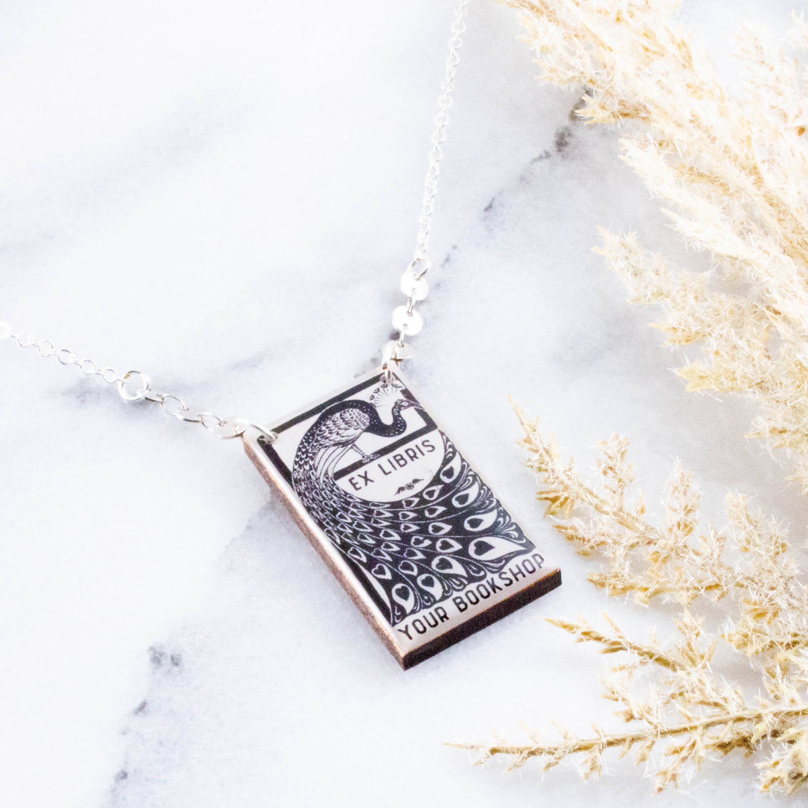 Custom Ex Libris Bookplate Peacock Necklace - Out of the Blue