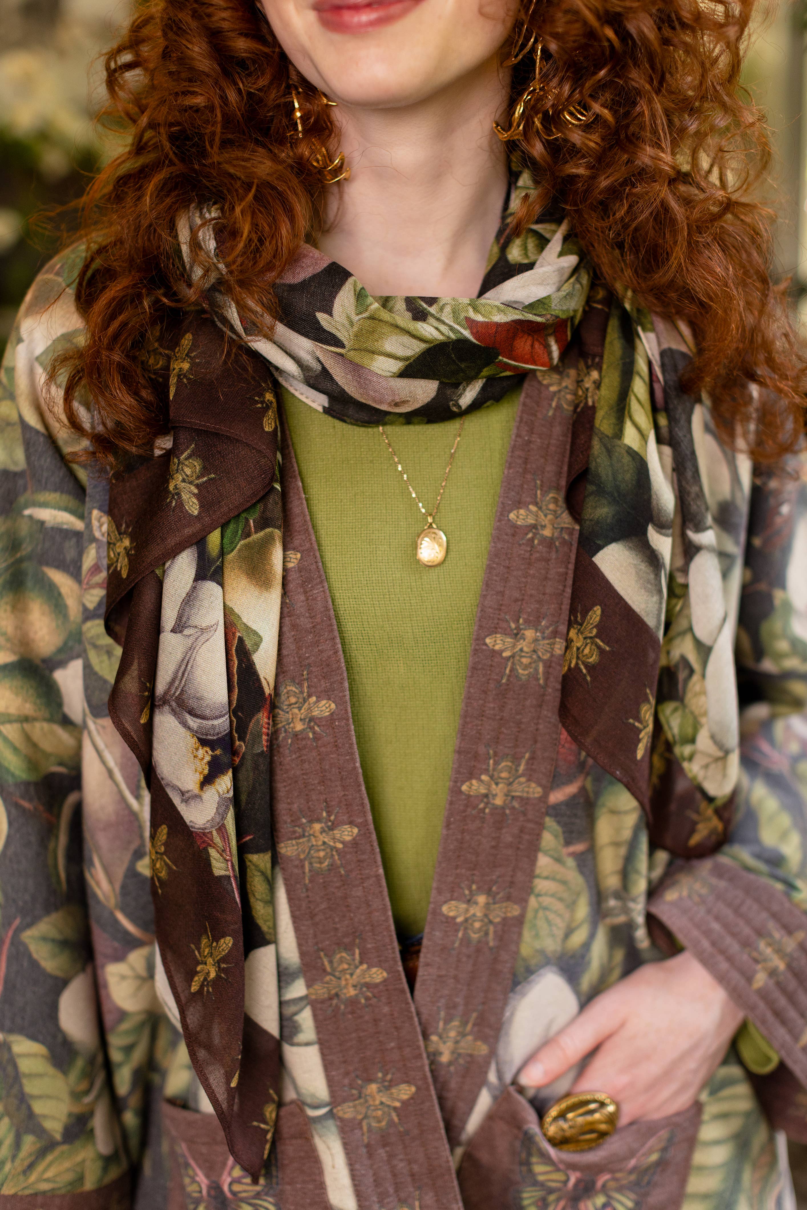 Fleur De Lune Scarf with Floral Print & Bees - Out of the Blue