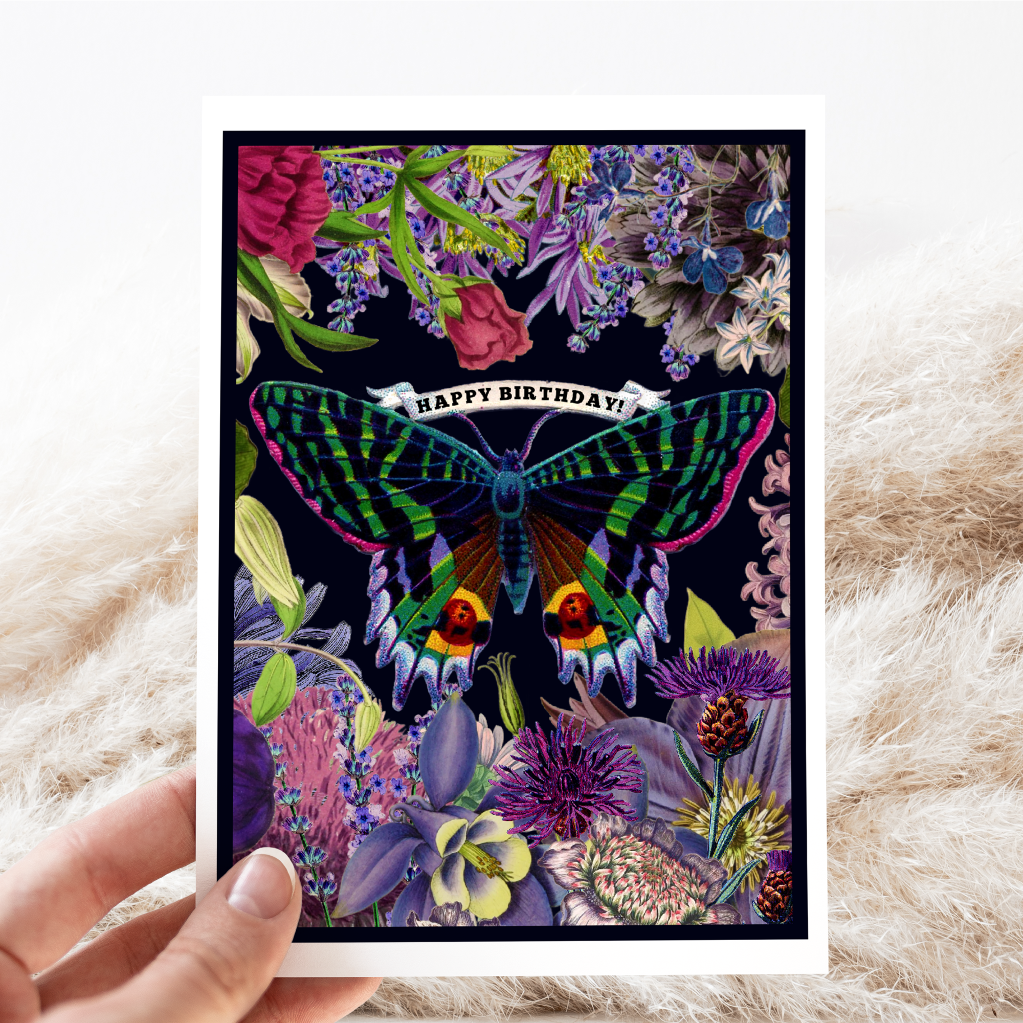 Birthday Card. Vintage Butterfly. Purple Flowers. Floral. - Out of the Blue