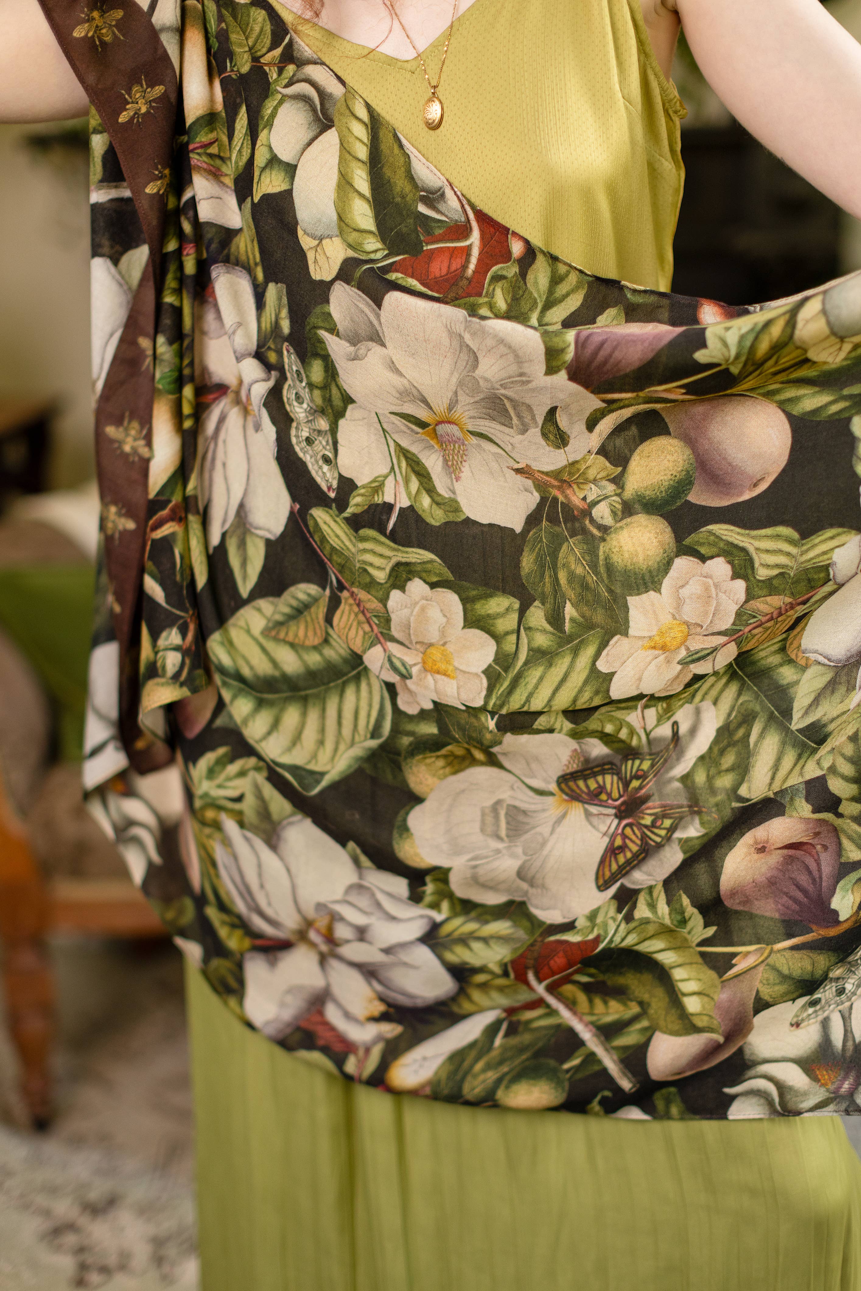 Fleur De Lune Scarf with Floral Print & Bees - Out of the Blue