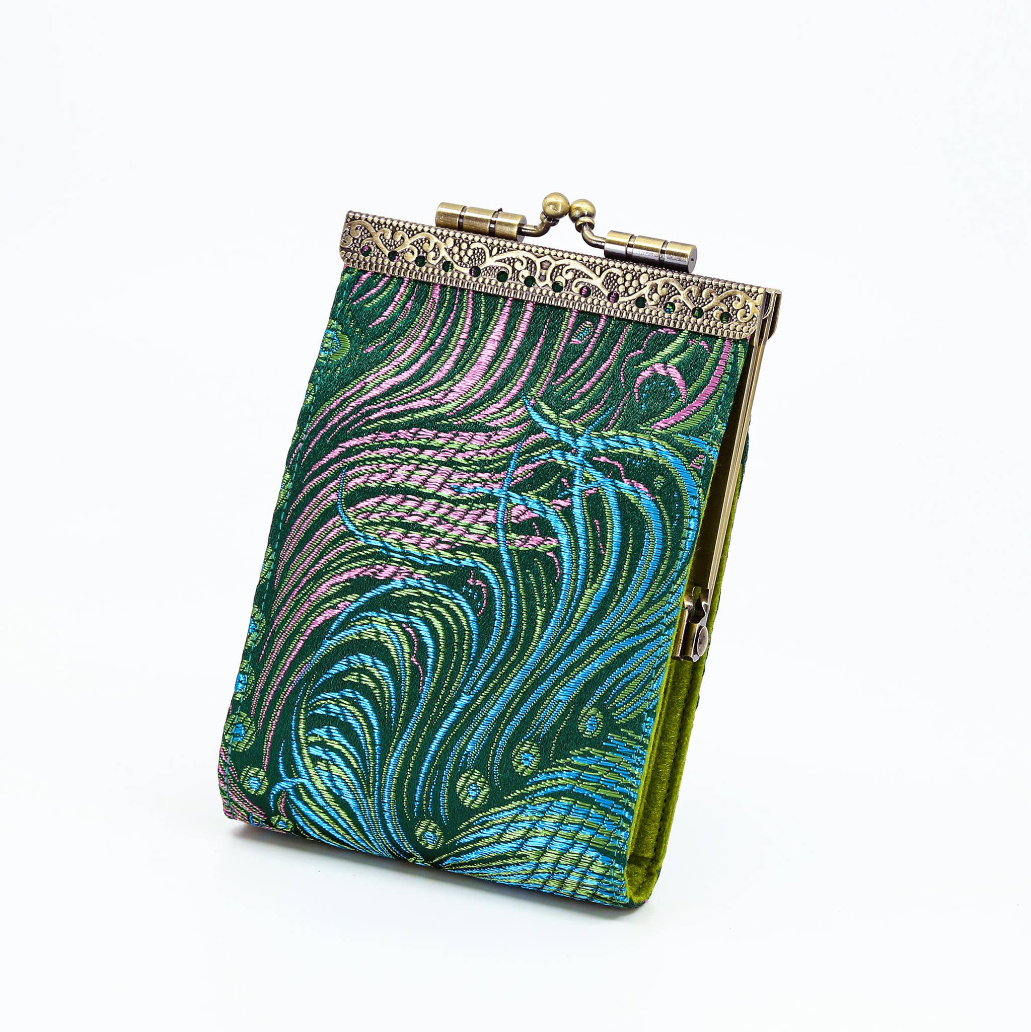 Brocade Peacock Card Holder w/ RFID, Card Case, Card Wallet: Gray & Pink - Out of the Blue