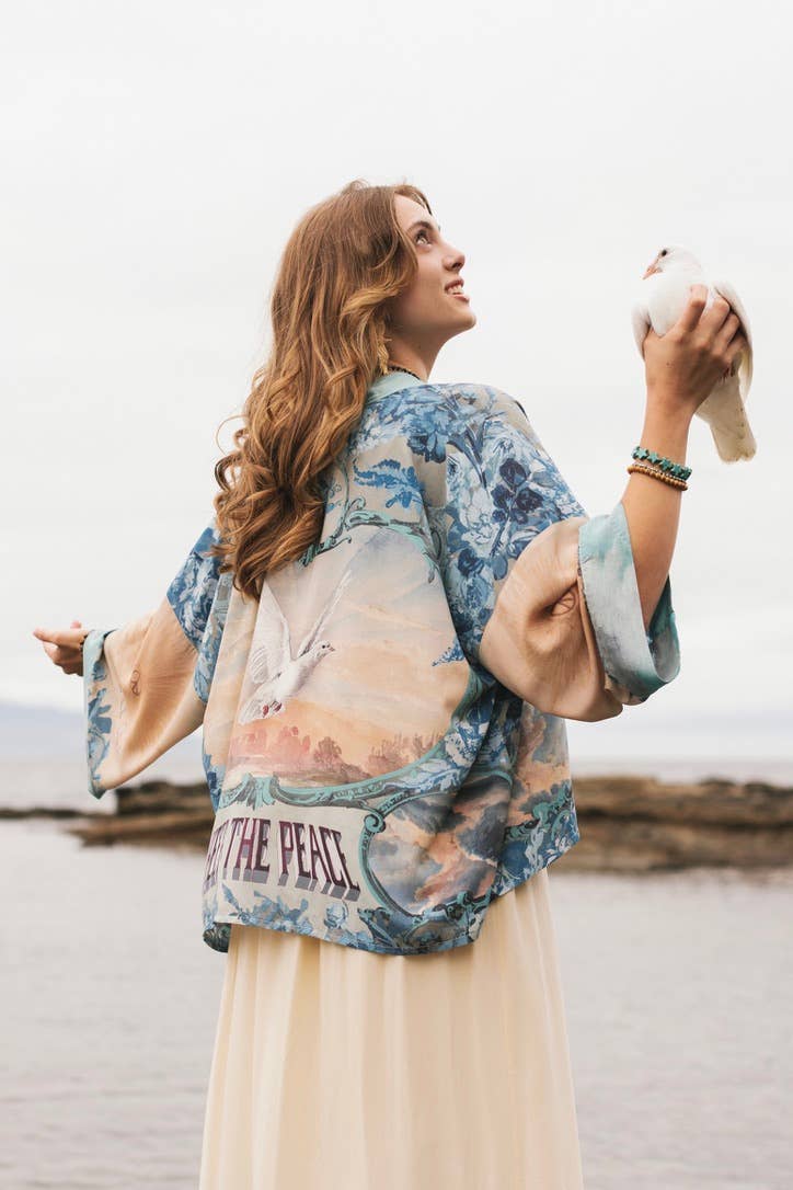 Peace Out Cropped Kimono Pixie Duster with Doves and Sunrise - Out of the Blue