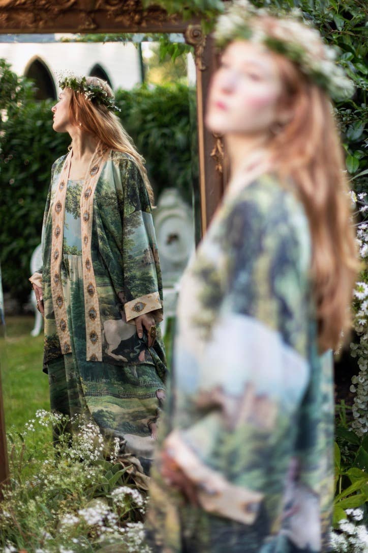 The Mythmaker Matinée Duster Kimono w/ landscape & unicorn - Out of the Blue
