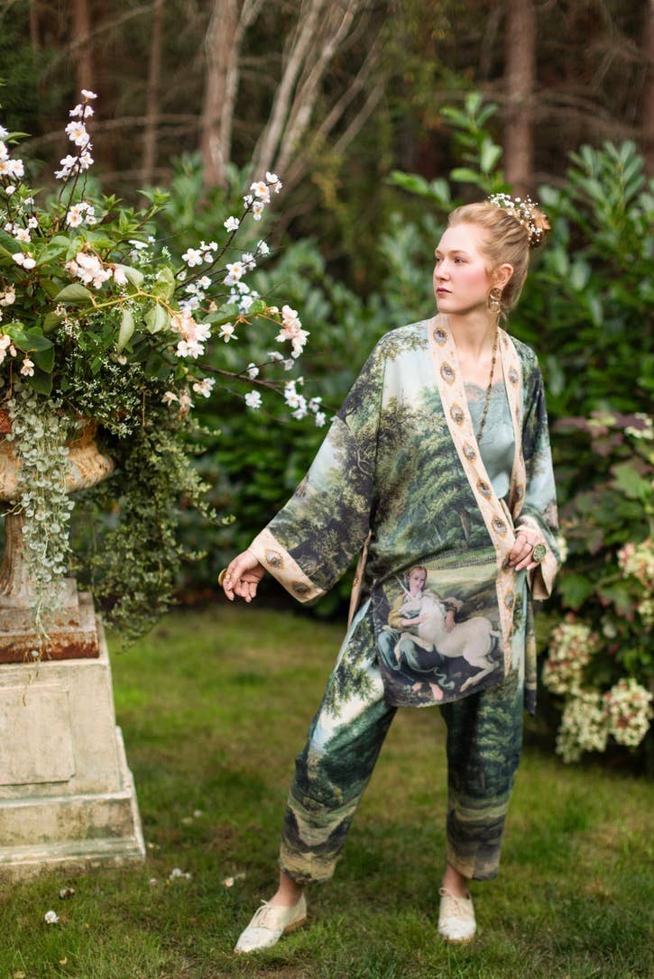 The Mythmaker Matinée Duster Kimono w/ landscape & unicorn - Out of the Blue