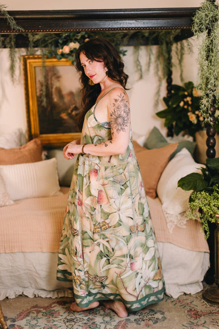 Fleur De Soleil Bohéme Maxi Slip Dress w Florals & Butterfly - Out of the Blue
