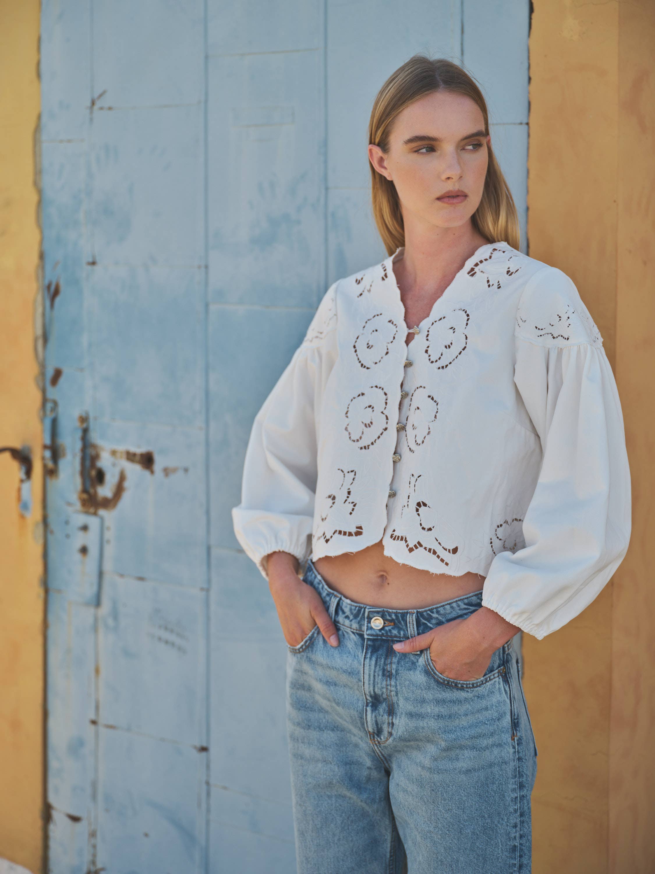 DENIM EMBROIDERY BLOUSE - Out of the Blue