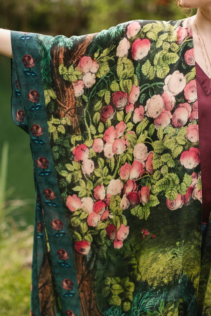 The Daydreamer Goddess Duster Kimono w/ Florals & Rabbits - Out of the Blue