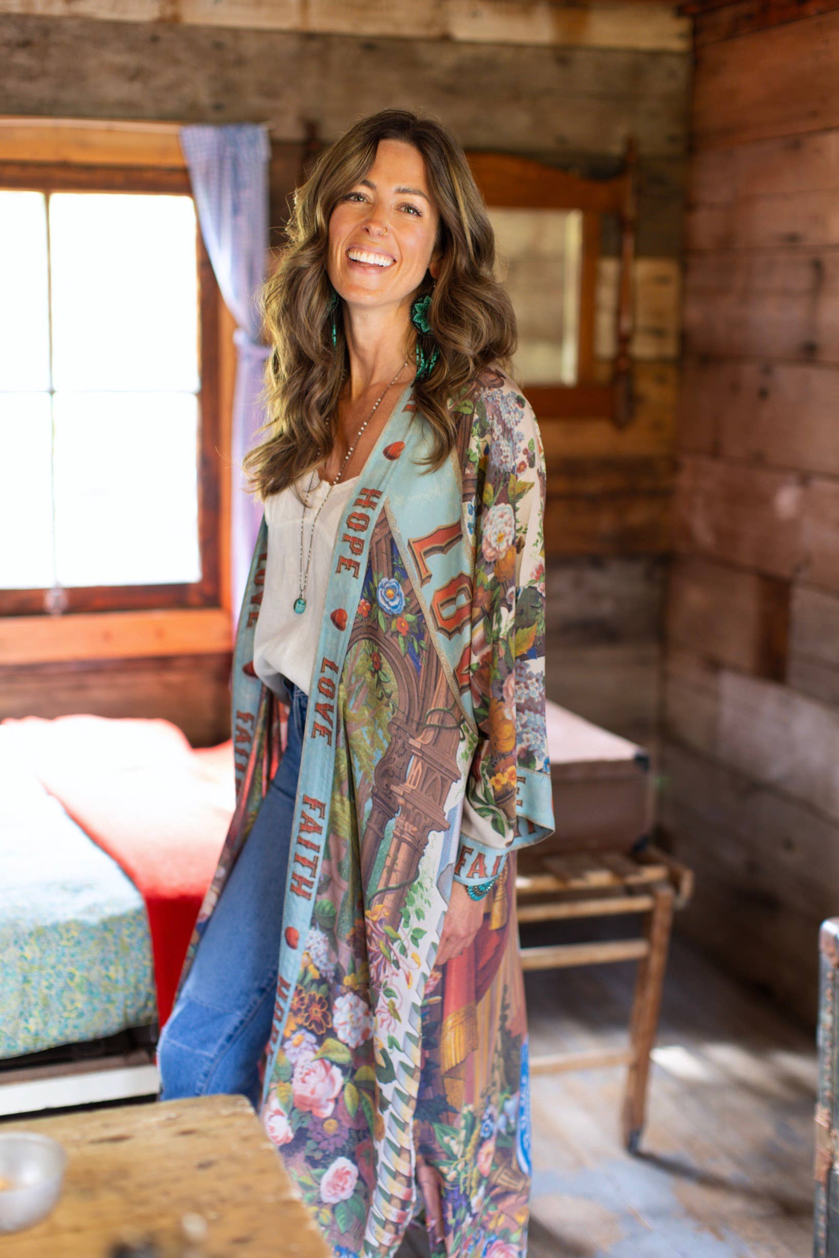 Love Language Printed Long Duster Bamboo Kimono Robe - Out of the Blue