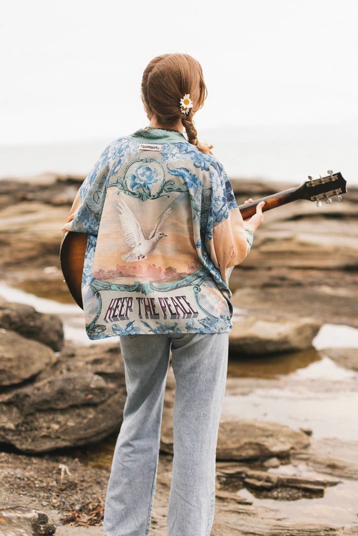 Peace Out Cropped Kimono Pixie Duster with Doves and Sunrise - Out of the Blue