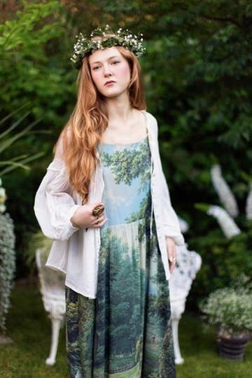 The Mythmaker Bohéme Maxi Slip Dress w/ Landscape & Unicorn - Out of the Blue