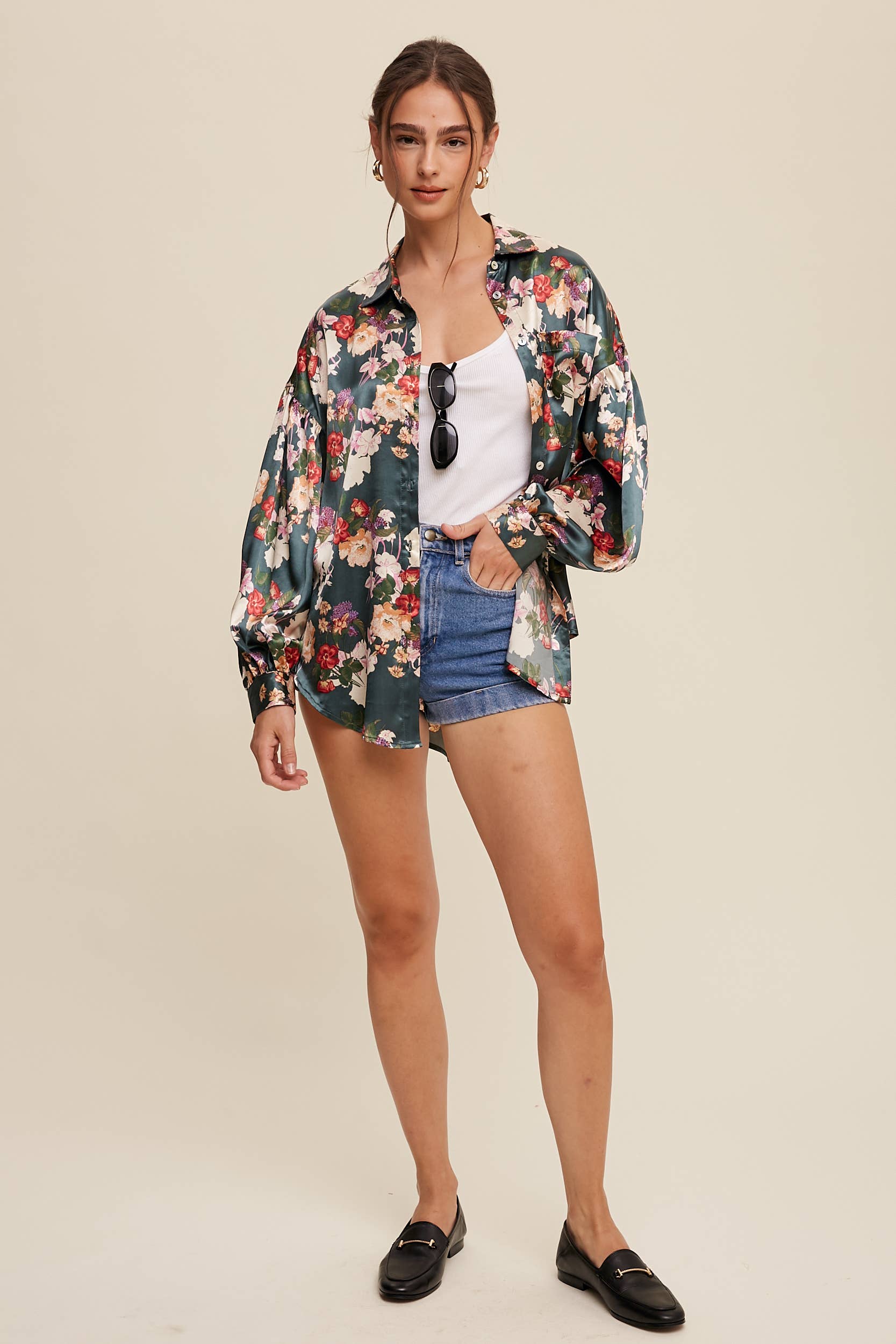 Floral Satin Button-Up Shirt LT1309 - Out of the Blue