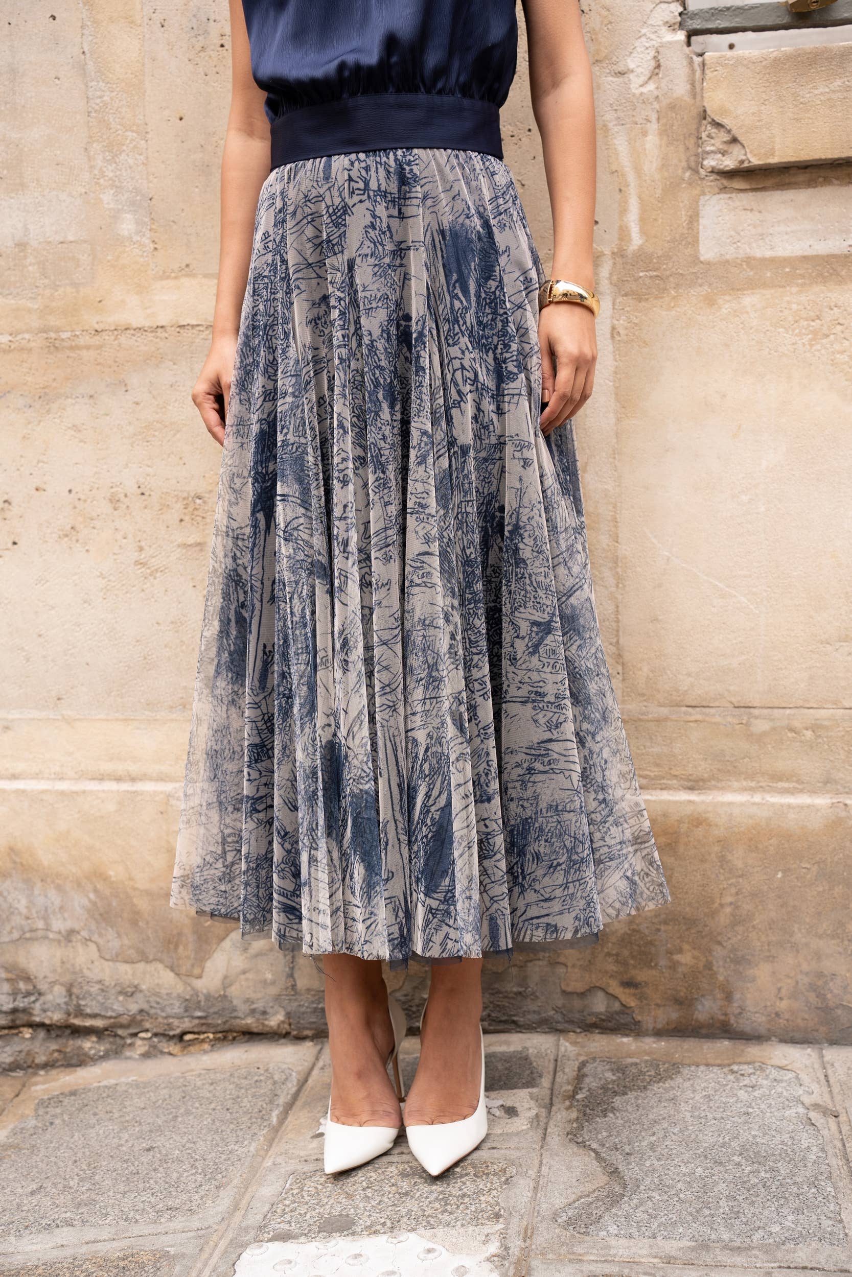 Amber skirt in toile de Jouy printed tulle - CK08202-1: Navy Blue / 2 S/M - 2 M/L - Out of the Blue