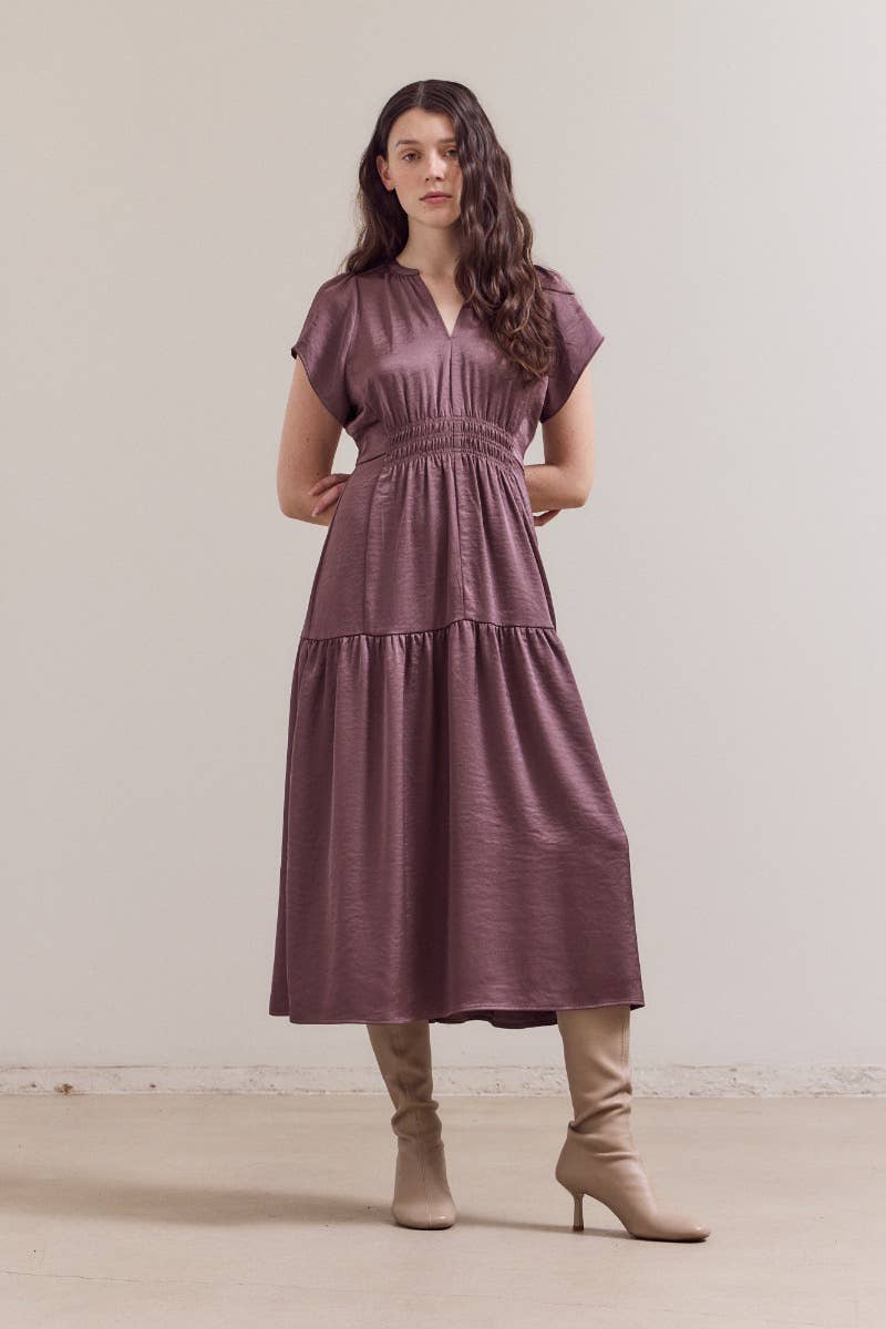 RUFFLE MATTE SATIN MIDI DRESS