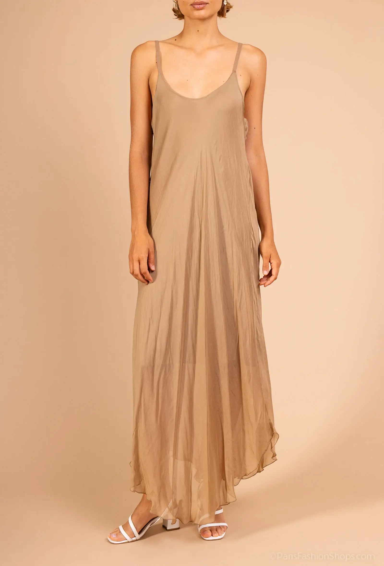 Long fluid silk dress with thin straps and hem 30507 - Out of the Blue