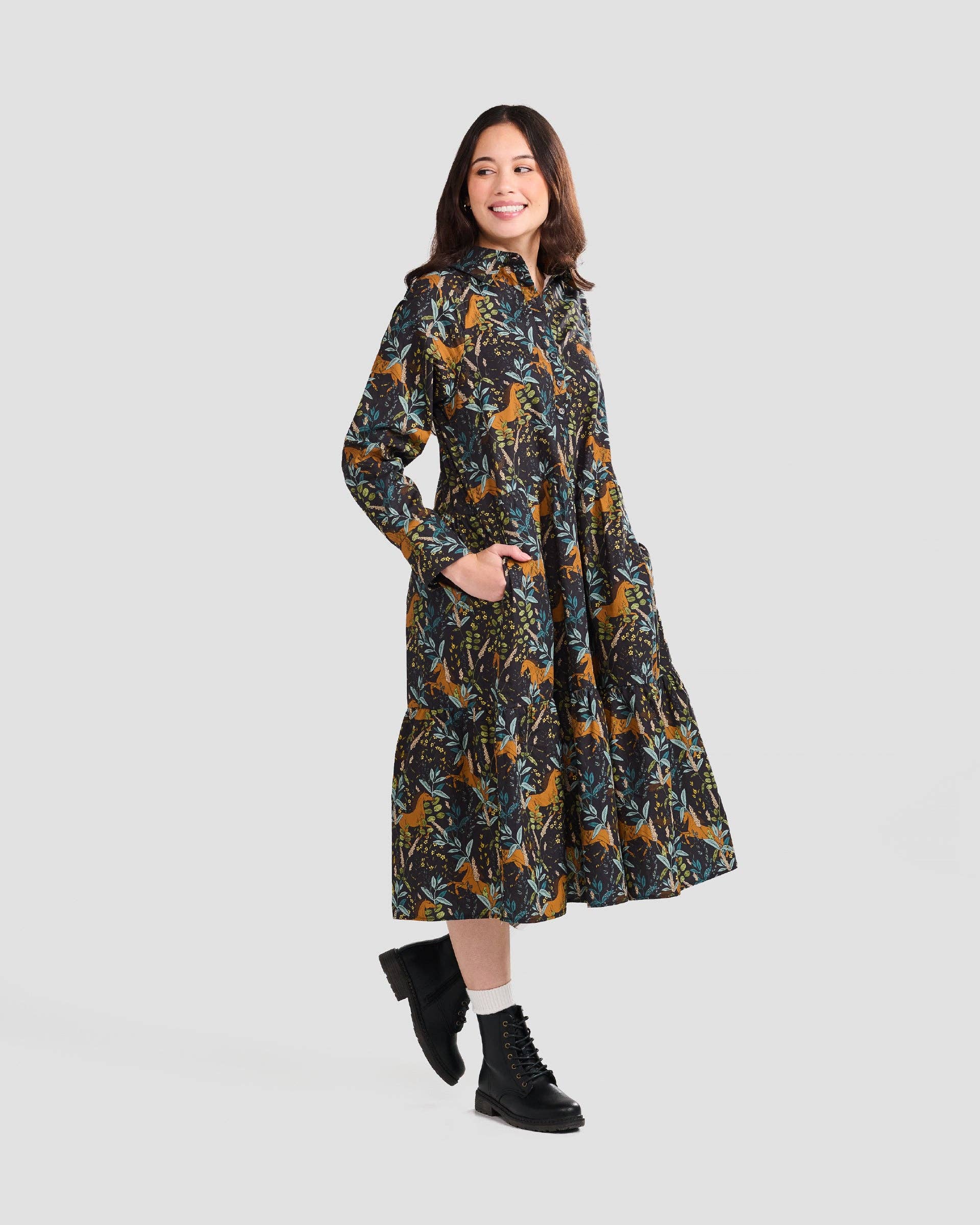 Wild Horses Printed Flared Pocket Shirt Dress - Out of the Blue