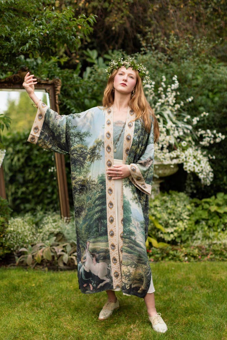 The Mythmaker Opera Duster Kimono Robe w Landscape & Unicorn - Out of the Blue