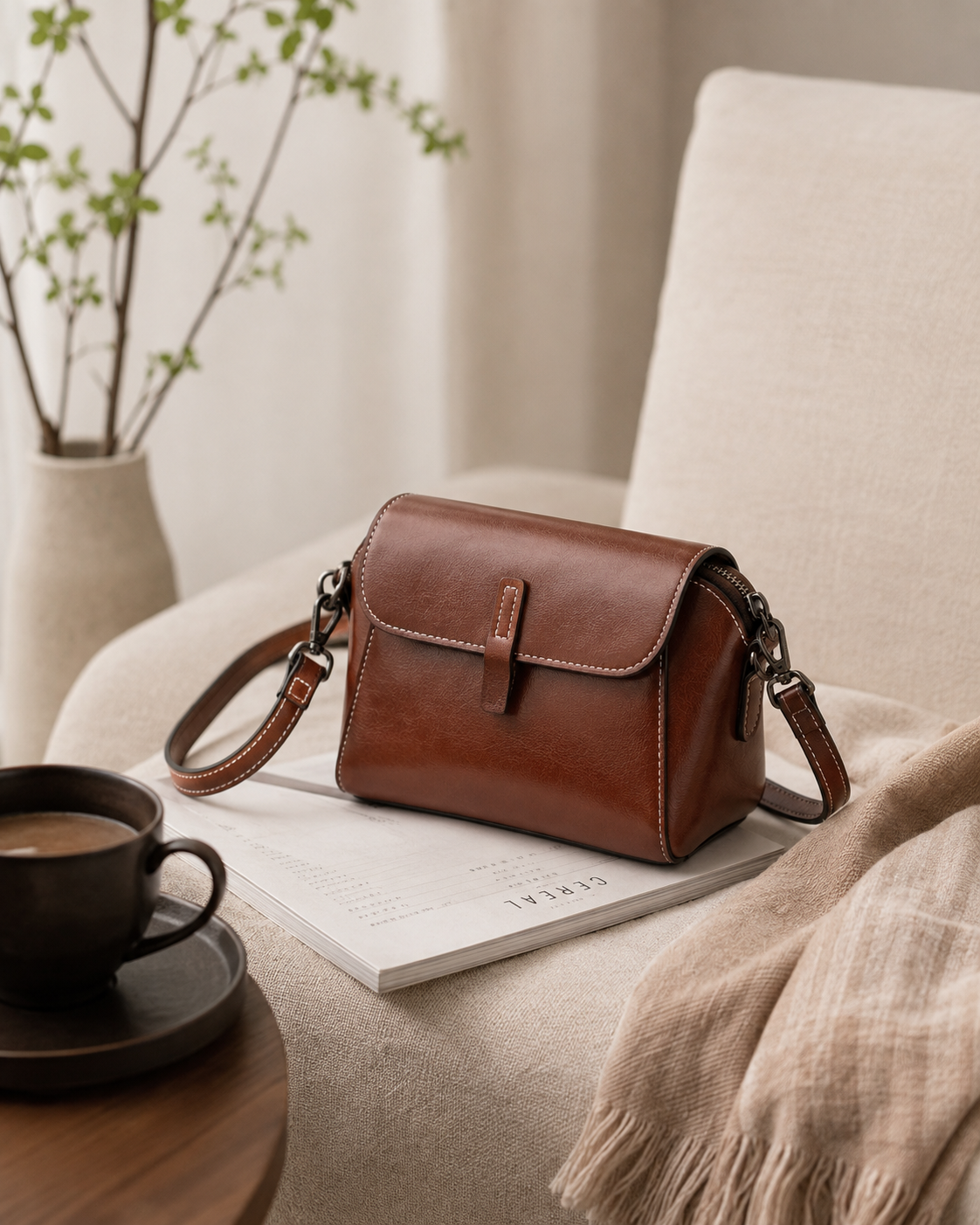 Structured Shoulder Leather Bag