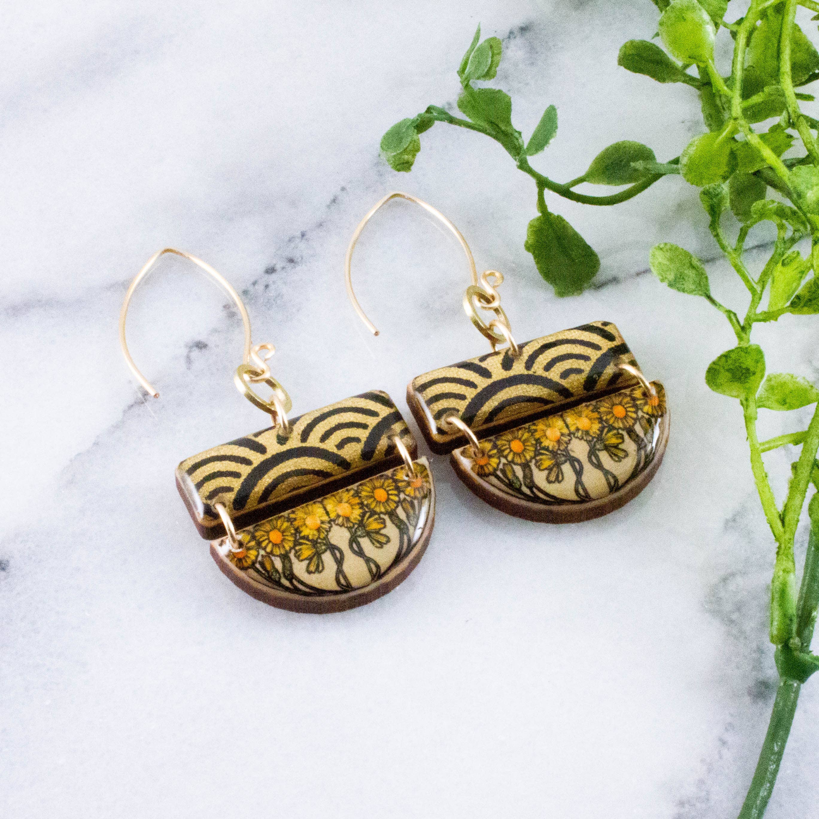Art Nouveau Sunflower Stacked Half Circle Earrings - Out of the Blue